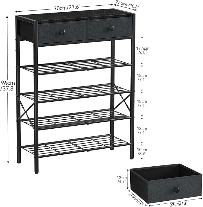 Shoe Rack for Entryway, 5 Tier Shoe Organizer with 2 Non-Woven Drawers, Metal Storage Shoe Shelf for 16-20 Pairs of Shoes, with Wooden Top and Steel Frame, Shoe Stand for Closet Black Grey-NeatNest