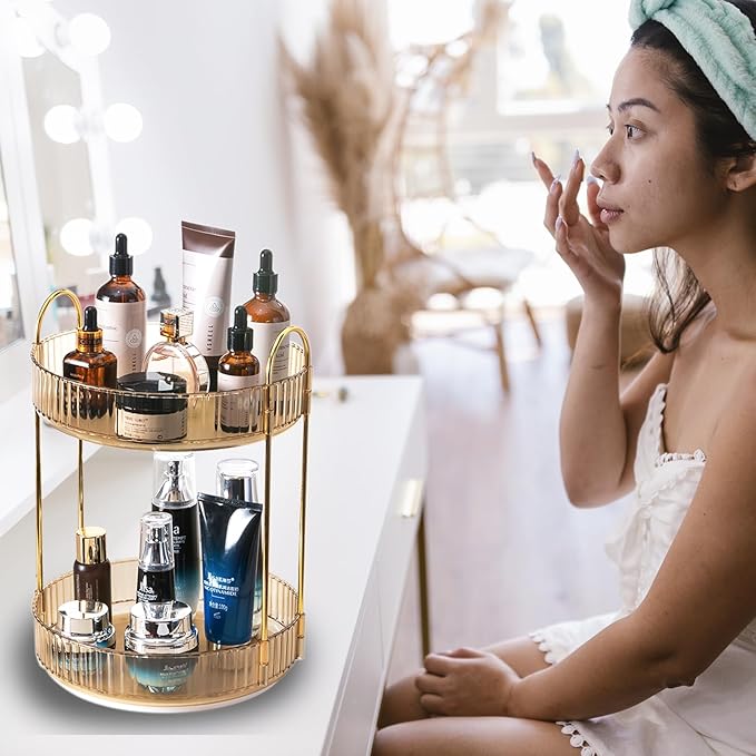 Rotating Makeup Organizer Countertop 2 Tier Lazy Susan Trays Clear Skincare Perfume Storage for Bathroom Counter Vanity, Amber Gold-NeatNest