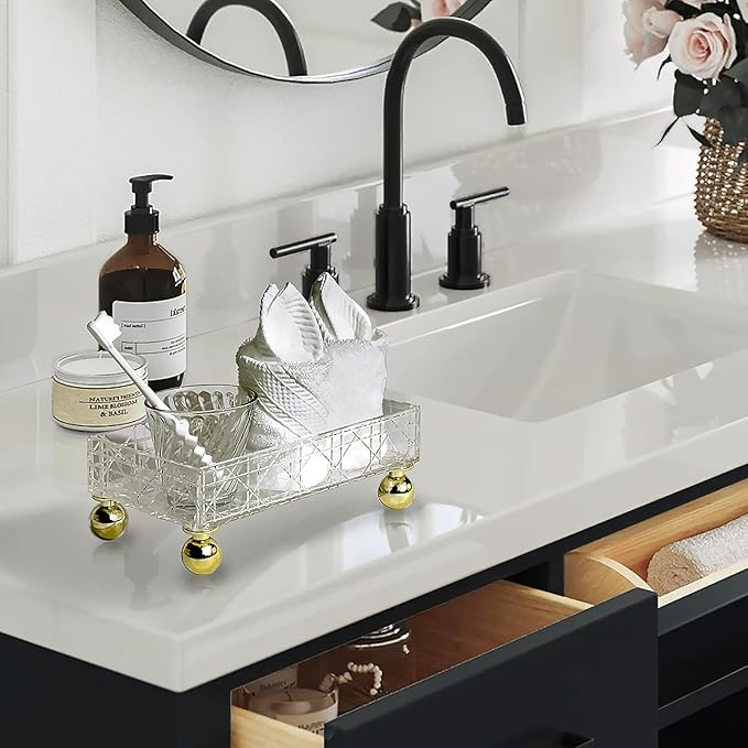 Bathroom Tray Countertop Transparent Makeup Organizer Storage Box Acrylic Vanity Tra with Feet Geometric Texture Waterproof Makeup Organizer Countertop Storage for Hotel Home Bathroom Counter Tray