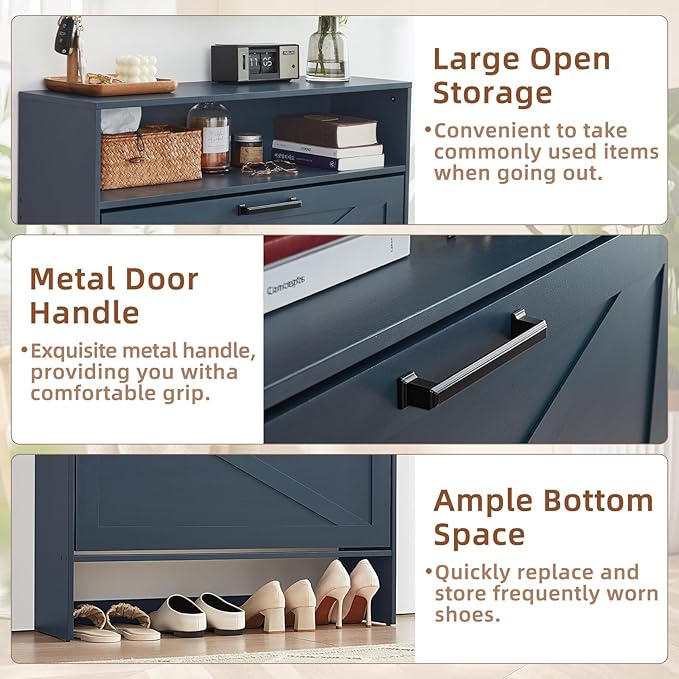Shoe Storage Cabinet with 2 Flip Drawers,Farmhouse Narrow Shoe Organizer with Legs,Freestanding Hidden Slim Shoe Rack Cabinet with Open Storage for Entryway,Hallway, Foyer, Blue-NeatNest