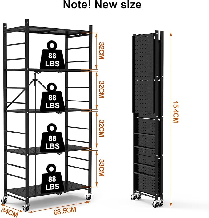 Himix Storage Shelves with 20 Hooks, 5-Tier Collapsible Organization Storage Rack Bookshelf Folding Pantry Shelves Cube Shelf Wire Shelving Holds 440 Ibs for Garage Kitchen Room