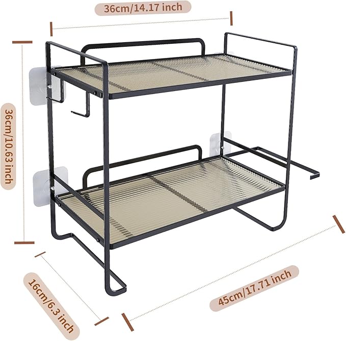 2-Tier Over Toilet Storage Rack, Gold Metal Bathroom Organizer Shelf, Toilet Tank Topper with Side Hooks (Black, 2L)-NeatNest