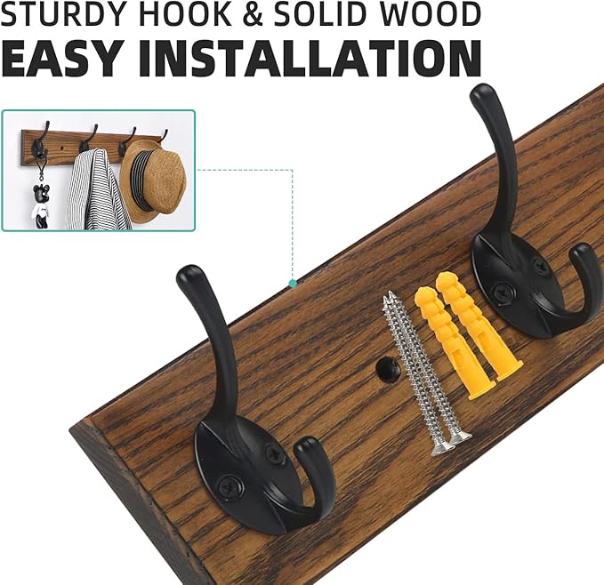 Coat Rack Wall Mounted, Wall Coat Rack with 4 Rustic Coat Hooks, 17” Entryway Ash Wood Coat Hanger Rail Hooks for Hanging Coats Hats, Perfect for Bedroom Bathroom Kitchen-NeatNest