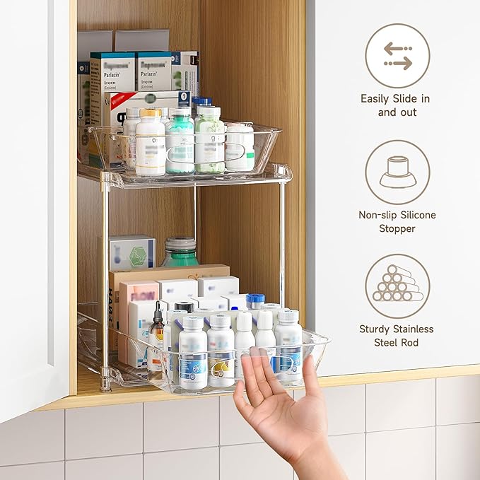 Under Sink Organizer, Bathroom Organizers and Storage, 2 Tier Multi-Use Pull Out Cabinet Organizer with Hang Hooks and Cups (transparent, 4 Pack)-NeatNest