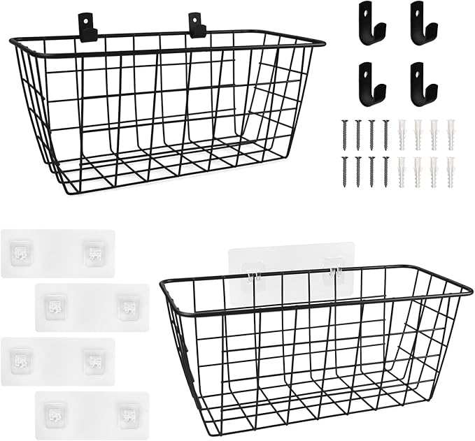 LIGHT DUST Wire Hanging Wall Basket, 2 Black Baskets Set, Adhesive Wall Mount Organizer for Pantry Kitchen RV Bathroom Cabinet Storage Organization-NeatNest