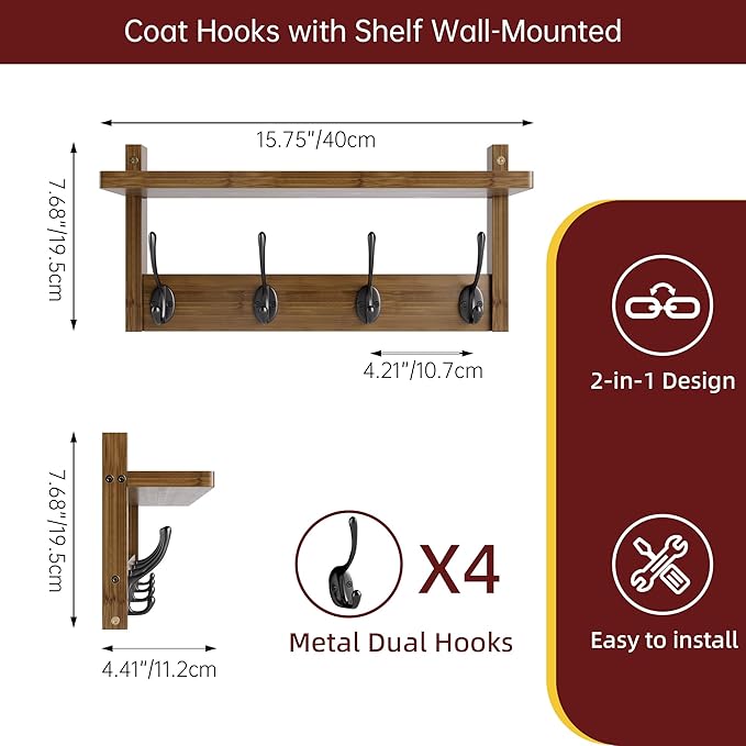 Coat Rack with Shelf Wall Mount, Entryway Bamboo Hanging Shelf, Set of 2, Wall Hook Rail for Hallway Décor, Storage Clothe, Hat, Robe, Key, Dog Leash (Walnut)-NeatNest