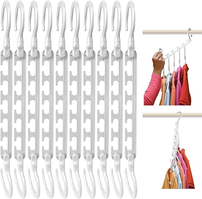 Wonder Hanger Max 10-Pack Space Saving Hangers, Reinforced Hooks Swivels 360°, Cascading Hanger, College Dorms & Storage Closet Organizer, Fully Assembled – White-NeatNest