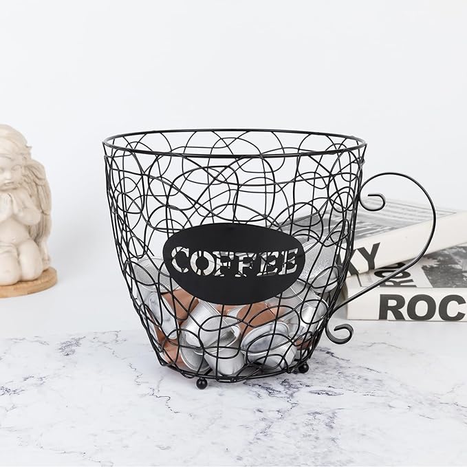 Coffee Pod Holder, Super Large Capacity K-Cup & Nespresso Capsule Basket, XL Metal Kcup Storage, Bar Organizer for Kitchen Dinning Room Office Home Cafe Hotel (Black-Round-Cup)-NeatNest