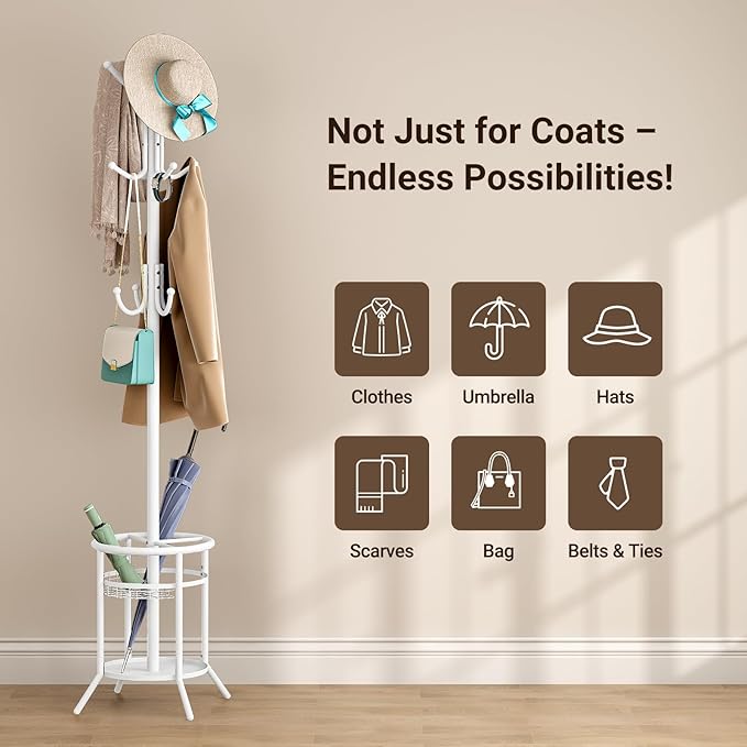 ELYKEN Coat Rack Freestanding, Metal Coat Rack Stand with Umbrella Holder, Modern Coat Tree with 12 Hooks, Floor Standing Corner Hall Tree for Entryway Living Room Bedroom Office, White-NeatNest