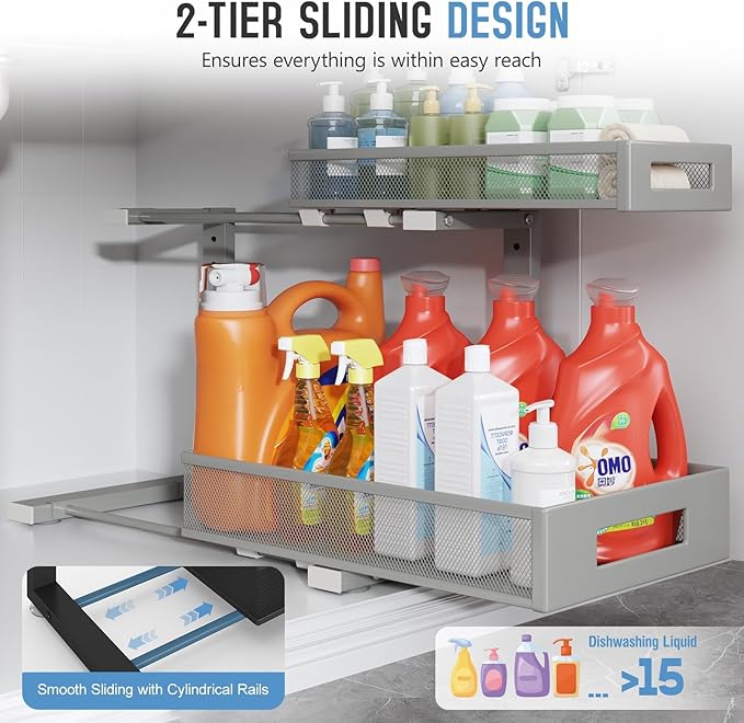 1 Pack 17IN Depth Under Sink Storage Organizer, Large 2-Tier Elegant Mesh Pull Out Shelf for Kitchen and Bathroom Cabinet Organization, L-Shaped and Adjustable Height Design-Gun Gray-NeatNest