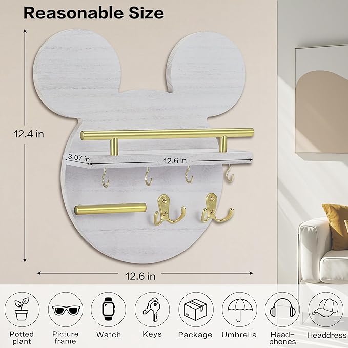 AIRPOP Disn Key Holder for Wall–Mouse Wooden Mail Organizer Wall Mount with Shelf and 6 Hooks, Easy Installation Key Rack Hanger for Entryway Living Room Home Decor(White)