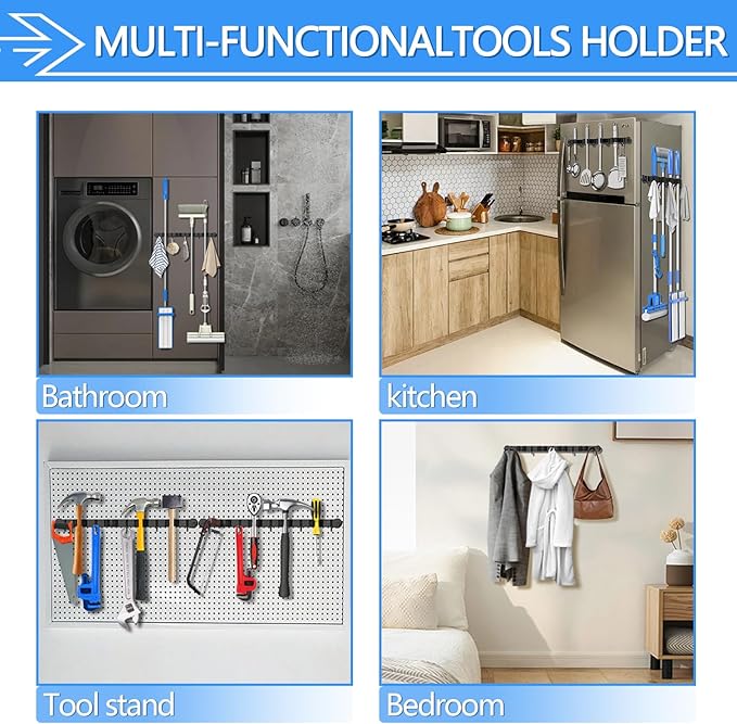 3-H Magnetic Broom Holder Wall Mounted 1 Pack, Strong Magnetic Broom Hooks 17 Inch, Heavy Duty Magnet Broom Organizer Wall Mounted, Utility Storage Tools Rack for Refrigerators Kitchen,Black