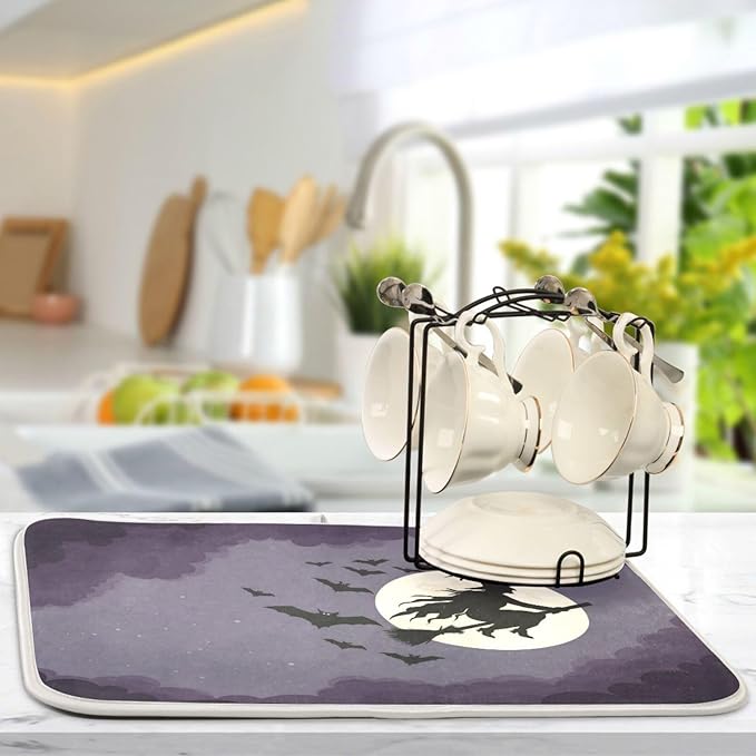 Halloween Flying Witch Drying Matt Absorbent Kitchen Mat Dishes Drying Mat Xl 18 x 24 Dish Drainer Mat for Kitchen Counter Dish Drying Matt