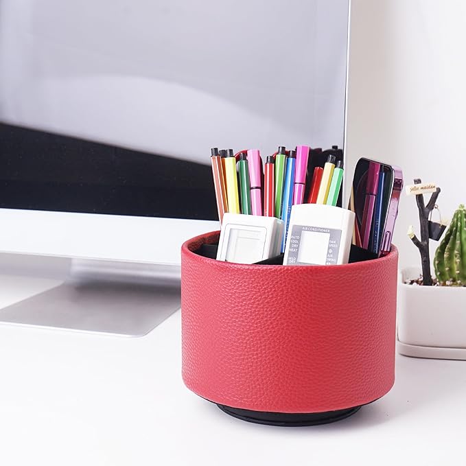 Hennaja Round Leather Art Supply Organizer,Remote Control Holder,360 Degree Spinning,Multi-Functional Pencil Holder,4 Compartments Desktop Stationary Organizer(1-Lichee Red)-NeatNest