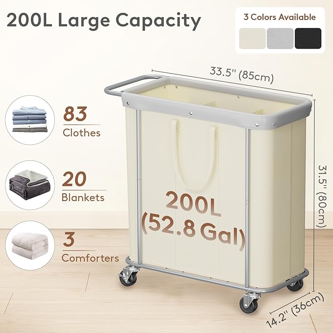Lifewit 200L Large Laundry Basket with Wheels, Tall 3 Section Laundry Hamper Organizer, Rolling Laundry Cart with Steel Frame & Removable Bag for Luandry Room Bathroom Bedroom, White