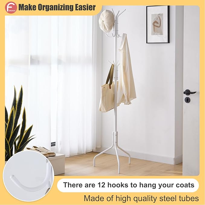 Coat Rack Freestanding for entryway,Living Room,Bedroom,Metal coat tree with12 Hooks and 3 Legs,hat stand (White)-NeatNest