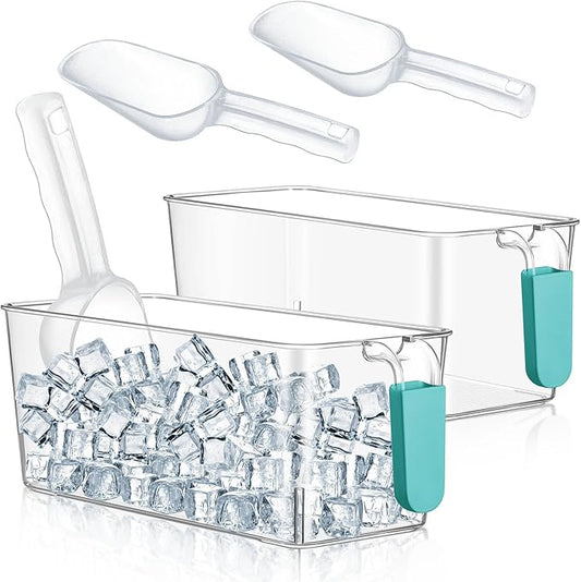 Havawish 2 Set Ice Bin and Flexible Scoop Set Plastic Freezer Ice Bin with Pull Out Handle Clear Storage Bucket for Container with Bucket Scoop (Blue,10.83 x 4.92 x 4.33 in)