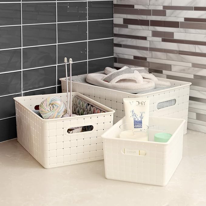 BINO | Plastic Basket, Large - White | 3 Pack | THE STABLE COLLECTION | Multi-Use Storage Basket | Rectangular Cabinet Organizer | Baskets for Organizing with Handles | Home & Office Storage Organizer-NeatNest