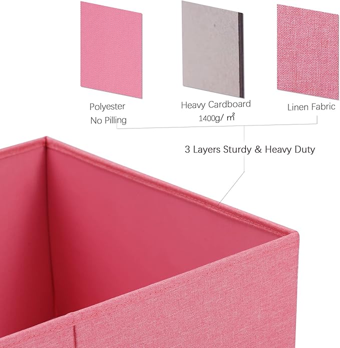 HOONEX Linen Foldable Storage Bins with Lids, 2 Pack, Storage Boxes with Carrying Handles and Sturdy Heavy Cardboard, 16.5" L x 11.8" W x 7.5" H for Shoes, Books, Clothes, Nursery, Pink-NeatNest
