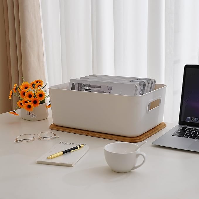 Citylife 2 PCS Storage Bins with Bamboo Lids Plastic Storage Containers for Organizing Stackable Storage Box with Handle, 15.16 x 10.79 x 5.83 inch-NeatNest