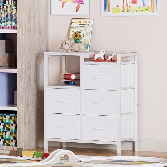 Furnulem 5 Drawer White Dressers for Bedroom 2 Tier Shelf Storage Small Fabric Dresser for Closet Sturdy Metal Frame Modern Style Storage Cabinets Organization Units for Hallway Rooms-NeatNest