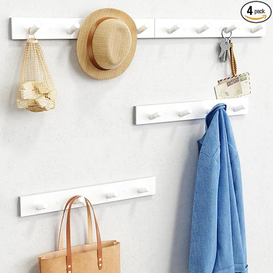 Forbena White Coat Hooks Wall Mount for Hanging 4 Pack, 16 Inch Wood Entryway Coat Rack Wall Mounted Heavy Duty, Modern Large Wall Hooks for Hats Kids Clothes Bags Purses Caps Closet - 16 Hooks
