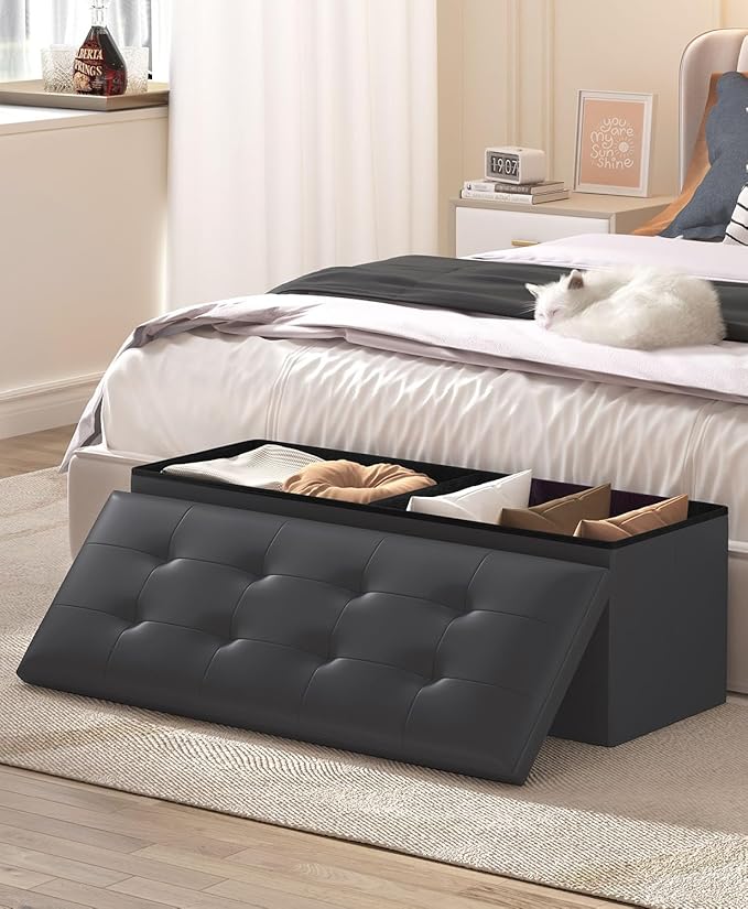 Folding Storage Ottoman Bench, Multi-Functional Ottoman Footrest, End of Bed Bench, Storage Chest for Living Room, Bedroom, Hallway, Entryway, Holds Up to 700 lbs (Black, 43 Inches)