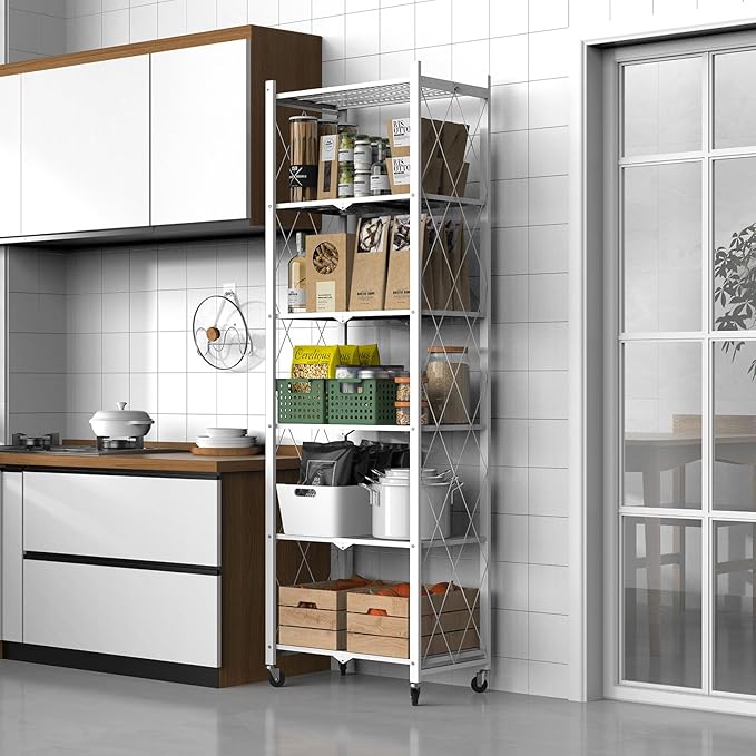 72" H 6 Tier Foldable Storage Shelf with Wheels, Folding Shelving Loads 600 LBS, Metal Steel Garage Shelves, Rolling Standing Utility Rack for Kitchen, Pantry, Office, White