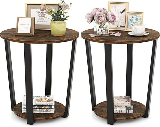 Giantex Round End Table Set of 2, 2-Tier Side Sofa Table with Open Storage Shelf and Metal Frame, Industrial Nightstand Bedside Table for Living Room, Bedroom, Accent Furniture, Rustic Brown