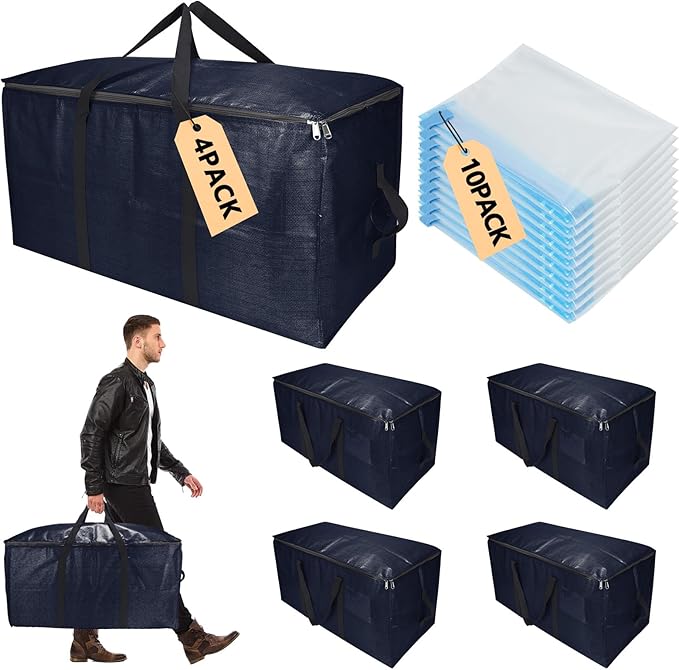 Extra Large Storage Bags Set Heavy Duty Moving Totes with Handles, Dorm Room Essentials-Way Carrying Design Dorm Room Essentials For Clothes Storage (Dark Blue, 14 Park- 4 & 10 Vacuum Bags)