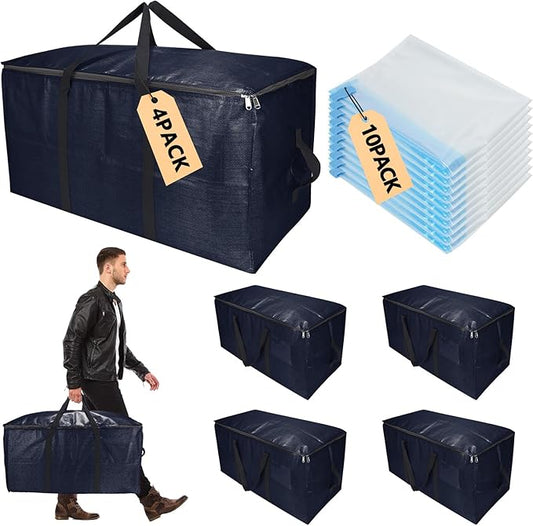 Extra Large Storage Bags Set Heavy Duty Moving Totes with Handles, Dorm Room Essentials-Way Carrying Design Dorm Room Essentials For Clothes Storage (Dark Blue, 14 Park- 4 & 10 Vacuum Bags)