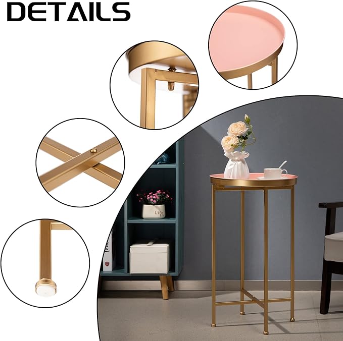 HollyHOME Small Round Metal End Table, Accent Indoor&Outdoor Coffee Side Table, Snack Sofa Table for Living Room, Anti-Rust Decorative Plant Stand, (D) 14.5" x(H) 25", Gold&Pink-NeatNest