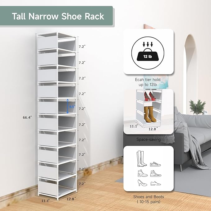 Narrow Shoe Rack, 10 Tier Vertical Shoe Rack for Closet Entryway, White Tall Slim Shoe Tower for Small Spaces, Shinky Shoe Organizer, Space Saving Corner Shoe Shelf-NeatNest