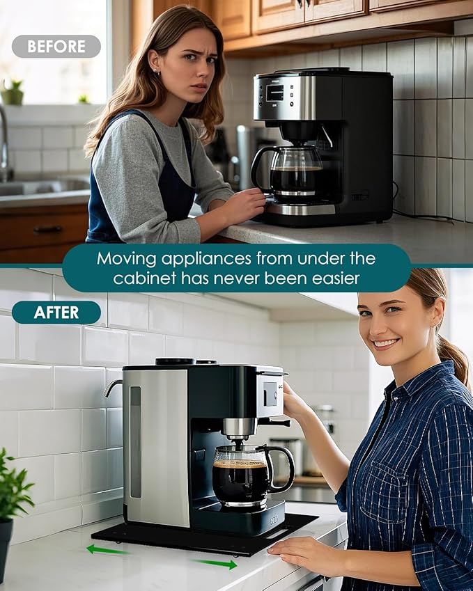 HAYVAN Acrylic Sliding Tray for Coffee Maker & Heavy Kitchen Appliances - Appliance Slider with Silent Wheels Slides Easily from Under The Cabinet - Countertop Space Save (Black, 14” W x 13”D)