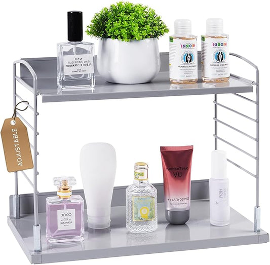 Adjustable Bathroom Countertop Organizer，2 Tier Vanity Shelf Organizer and Storage for Cosmetic Skincare Perfume, Metal Kitchen Countertop Shelf for Coffee Station，Condiment，Cupcakes，Plants，Mugs-NeatNest