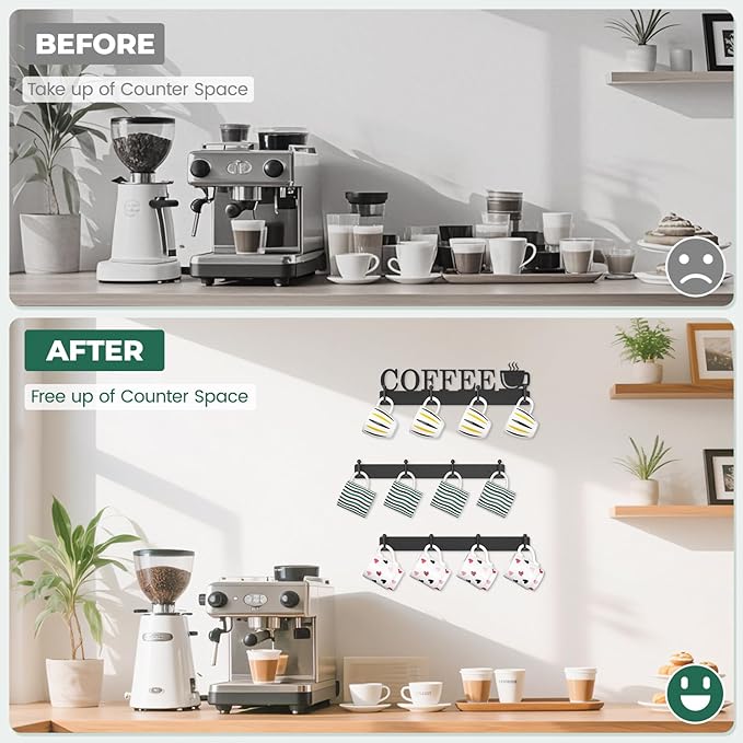 EsLuker.ly Mug Holder Rack Coffee Cup Hanger Wall Mount, Metal Wall Cup Shelf Organizer Stand with 12 Hooks, Fits Most Mugs Display for Home Kitchen, Space-Saving Coffee Bar Enhancer, Set of 3, Black-NeatNest