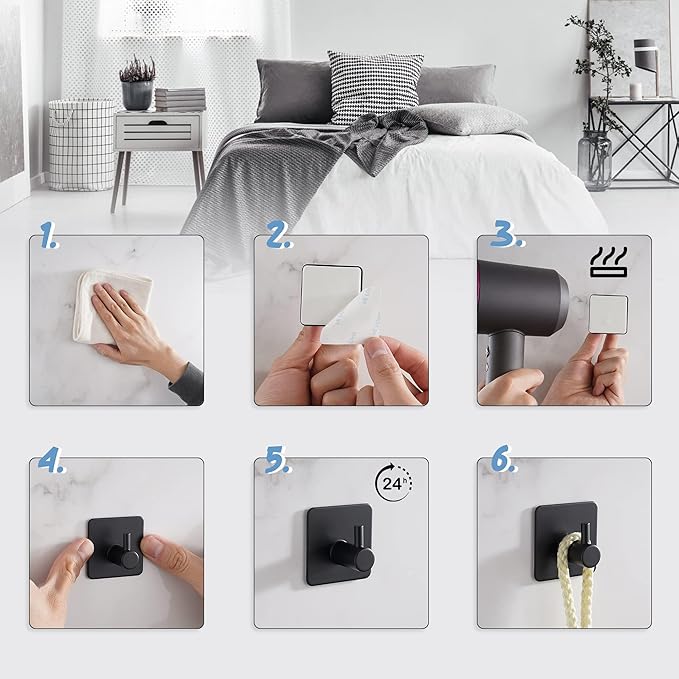 6 Packs Adhesive Hooks, Black Towel Hooks for Bathrooms, Heavy Duty Stainless Steel Wall Hooks, Waterproof Shower Hooks for Inside Shower, Hooks for Hanging Robe, Coat, Hat, Key, Clothes