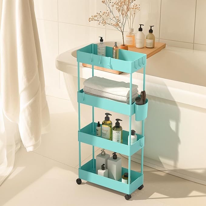 Pipishell Slim Storage Cart with Wheels, 4 Tier Bathroom Storage Organizer Rolling Utility Cart for Bathroom Kitchen Laundry Room Office Narrow Place (Turquoise)-NeatNest