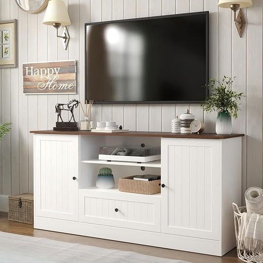 63 in Farmhouse TV Stand for TVs up to 70 Inch, Modern Entertainment Center with Storage Drawer and Open Shelves, Shaker Door TV Console Media Cabinet for Living Room, Bedroom, White-NeatNest