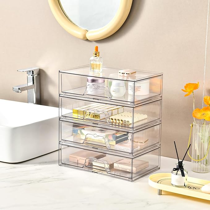 2 Pack Stackable Makeup Organizer, 12.1''L Acrylic Bathroom Organizer and Storage Undersink Drawer, Cosmetics and Beauty Supplies,Clear Plastic Storage Bins for Desk,Cabinet,Kitchen,Vanity,Pantry-NeatNest