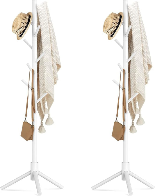 Haddockway Wooden Coat Rack Stand with 8 Hooks New Zealand Pine 3 Adjustable Coat Standing Tree Easy Assembly for Coats, Hats, Scarves and Handbags for Entryway, Hallway, Bedroom, Office,2 PCS-NeatNest