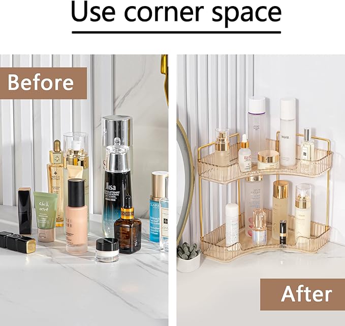 2-Tier Corner Bathroom Counter Organizer – Classic Storage Shelf for Makeup, Perfume & Toiletries, Space-Saving Countertop Tray Fits Bathroom, Dresser, Kitchen (Vintage Gold)