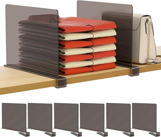 HBlife 6 Pack Grey Shelf Dividers, Vertical Purse Organizer for Closet Perfect for Sweater, Shirts, Handbags in Bedroom and Kitchen, Adjustable Acrylic Bookshelf for Organization-NeatNest
