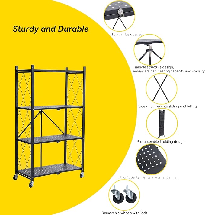 BRIAN & DANY Metal Storage Shelves - 4 Tier Shelving Unit, Folding Display Shelf Racks No Assembly for Vendors and Craft Shows, Black (2Pcs)-NeatNest
