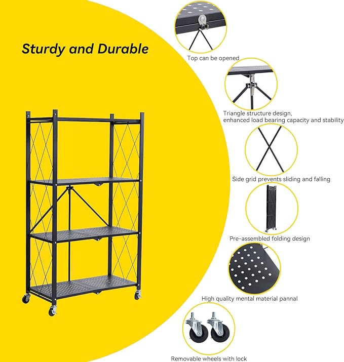 BRIAN & DANY 4-Shelf Foldable Storage Shelves with Wheels, Folding Metal Rack Shelving Unit, Heavy Duty No Assembly Organizer Shelf for Garage, Kitchen, Basement, Pantry, Black-NeatNest