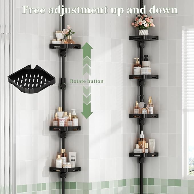 Tension Pole Shower Caddy Organizer with4 Tier L-Shaped Rust Resistant Bathroom Corner Shelves with 34-124 Inch Adjustable No Drilling Quick Install Shower Rack for Bath Essentials (Black)