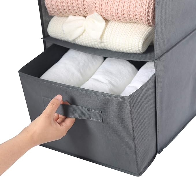 MAX Houser 4-Shelf Hanging Closet Organizer, Space Saver, Cloth Hanging Shelves with 2 Side Pockets, Foldable (Grey)-NeatNest