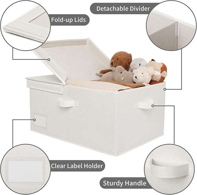 GRANNY SAYS Fabric Storage Bin with Lid, Decorative Storage Box for Shelves, Container Storage Basket Organizer, Closet Bins with Lids for Organizing, Jumbo, Ivory, 1-Pack-NeatNest