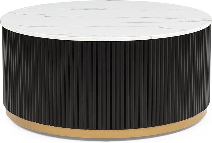 kevinplus ø38'' Faux Marble Top Coffee Table Round Circle Coffee Table with Wheel for Living Room, Modern Luxurious Wooden Base Gold-Finished Style, Easy Assembly, Black & Gold & White