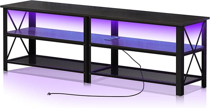 Clikuutory Modern Black 63 inch Metal TV Stand with LED Lights and Power Outlets for 40 50 55 60 65 70 Inch TVs, 3 Tier Television Stands with Entertainment Center and Storage for Living Room, Bedroom-NeatNest